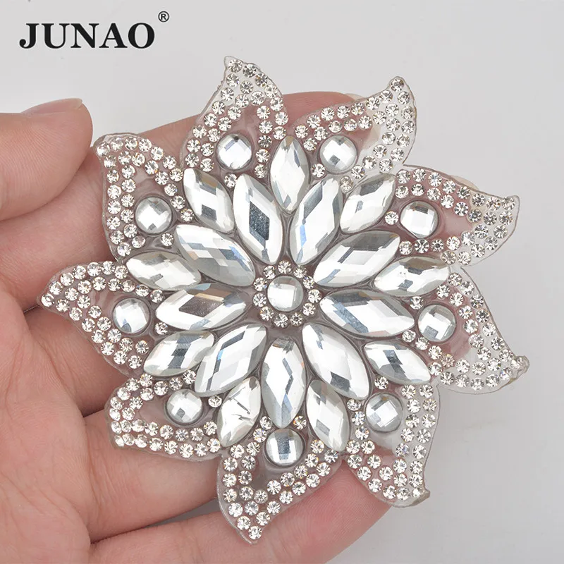 

JUNAO 75mm Hotfix Clear Glass Flower Rhinestones Patches Iron On Patch Crystal Applique Strass Motifs For Clothes Shoes Crafts