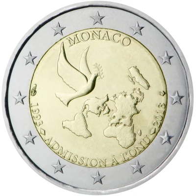 

Monaco 20th Anniversary of Joining United Nations in 2013 2 Euro Real Original Coins True Euro Collection Commemorative Coin Unc
