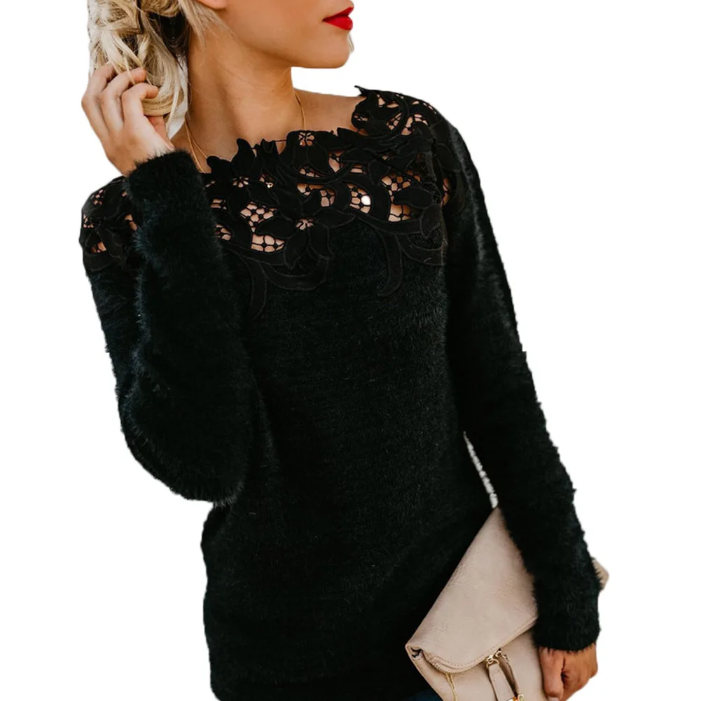 Женский Пушистый свитер с длинным рукавом и кружевом - Цвет: Черный