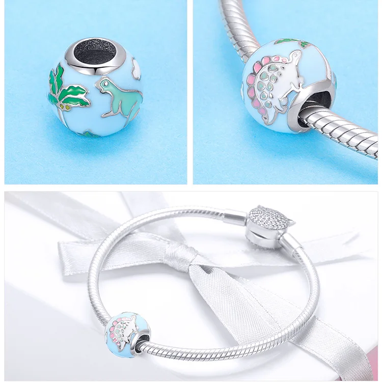 S925 серебро fit Pandora браслет синий круглый динозавр бусины 925 эмаль милый маленький зверь дерево подвески в виде листьев для цепочки