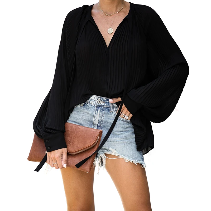 

Echoine women's shirt Autumn pleated floating bandwidth blouse female loose v-neck chiffon top lady streetwear plus size clothes