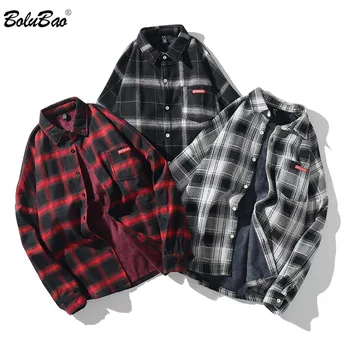 

BOLUBAO Mens Fashion Plaid Shirt Autumn Male Street Trend Wild Shirt Coat Men's Plus Velvet Long Sleeve Shirts Brand Clothing