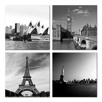

JHLJIAJUN 4 Panel Canvas Painting Sydney Opera House, Big Ben, Famous Tower, Statue of Liberty Home Decoration Frameless Artwork