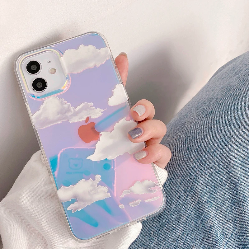 Прозрачный чехол для iPhone 13 Pro Max с облаками лазерный ударопрочный 12 11 X XR XS SE2020 7 8 Plus
