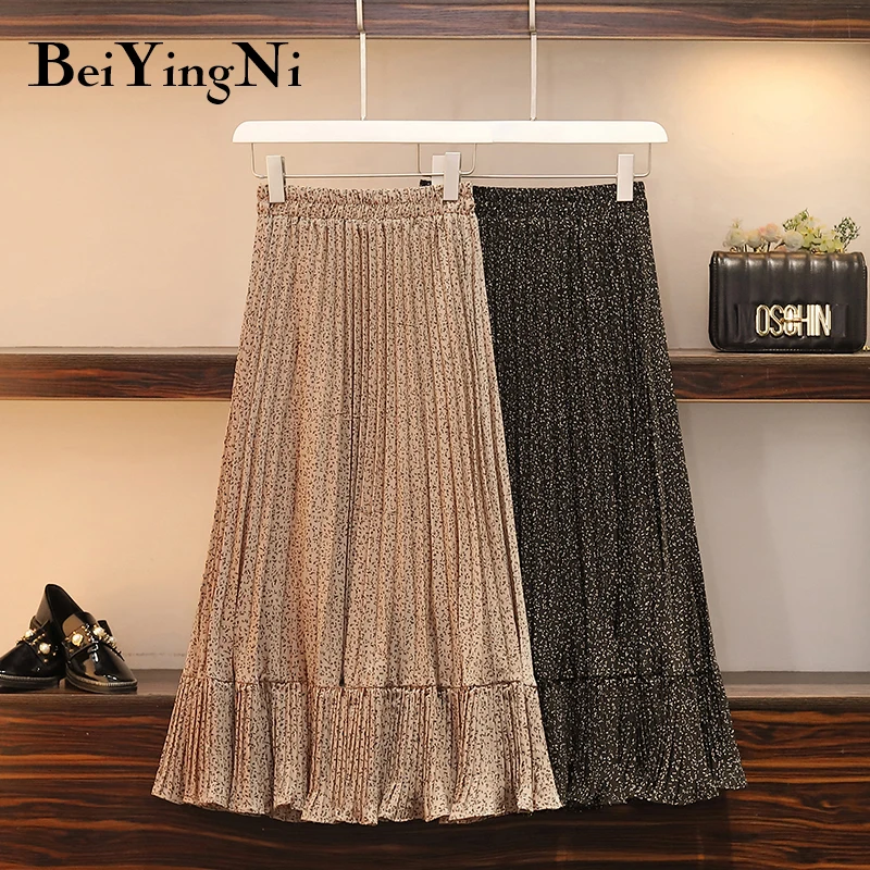 

Beiyingni Summer Women Skirt Fresh Floral Print High Elastic Waist Pleated Long Casual Skirts Midi Plus Size Khaki Black Faldas