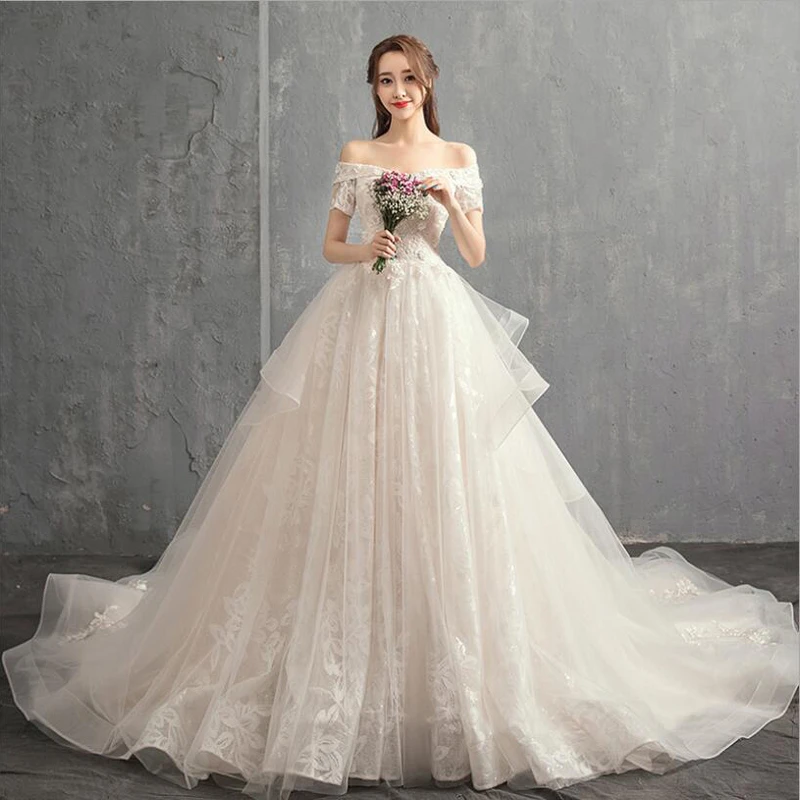 Vestido de Noiva/2019; свадебное платье принцессы; бальное платье с открытыми плечами и бусинами; кружевное подвенечное платье; свадебное платье; Robe