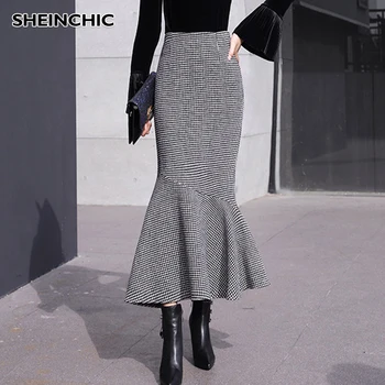 

Autumn Winter 2019 Women Skirt Elegant Ruffles Houndstooth Skirt Ladies Office Business Plaid Long Skirt Female OL High Quality