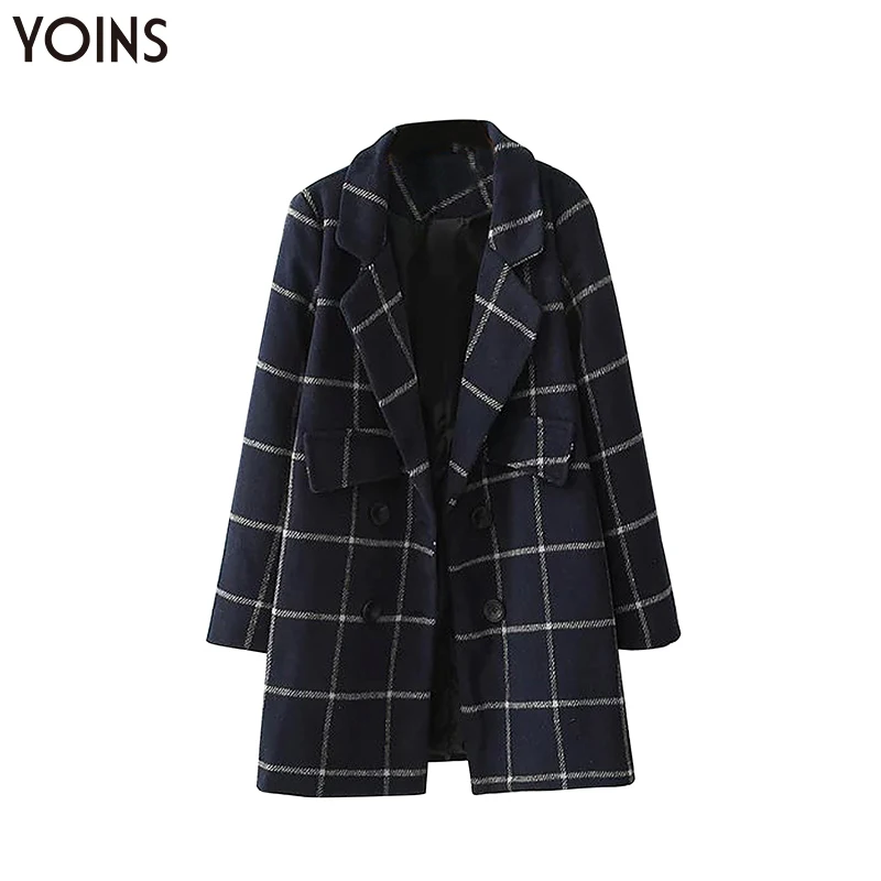 

YONIS 2019 Autumn Winter Spring Women Trench Coats Doubel Breasted Grid Lapel Long Sleeves Long Jackets Elegant Casual Blazers