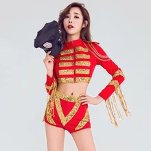 Сексуальный сценический костюм, женская одежда для Рейв, для женщин, певцов, Современная Одежда для танцев, выступлений, золотой, с блестками, с бахромой, красный комплект DT1643