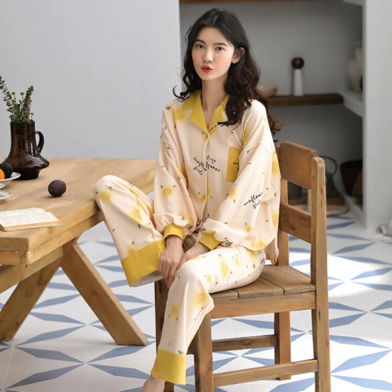 

Caiyier cotton pajamas women autumn pajamas long sleeves Korean version of Japanese and Korean ladies outing sleepwears twopcs