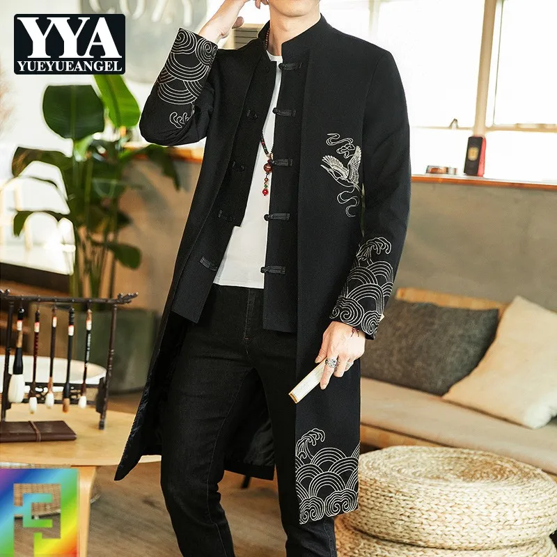 Vintage Men Long Trench Coat Embroidery Tang Suit Coat Slim Fit