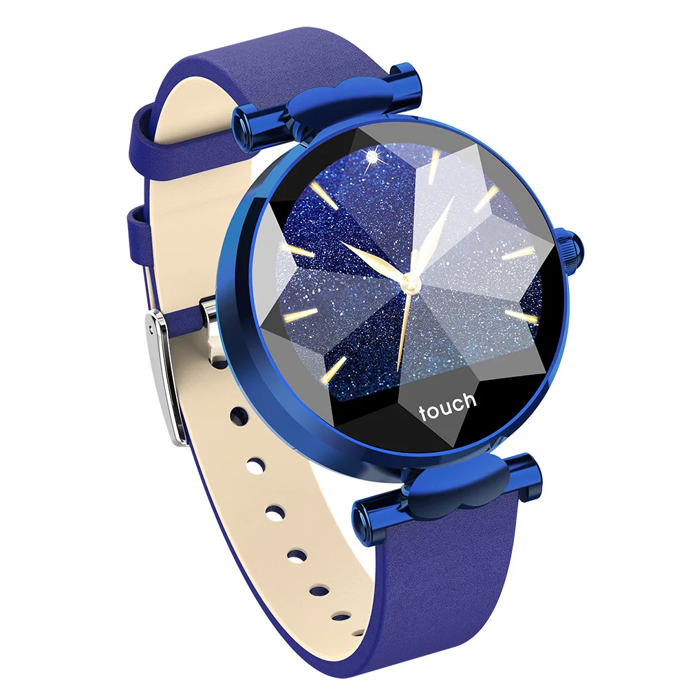 Смарт часы для женщин кожаный ремешок ips цветной экран Спорт датчик сердечного ритма мониторинг здоровья Водонепроницаемый Relogio Inteligente - Цвет: Blue