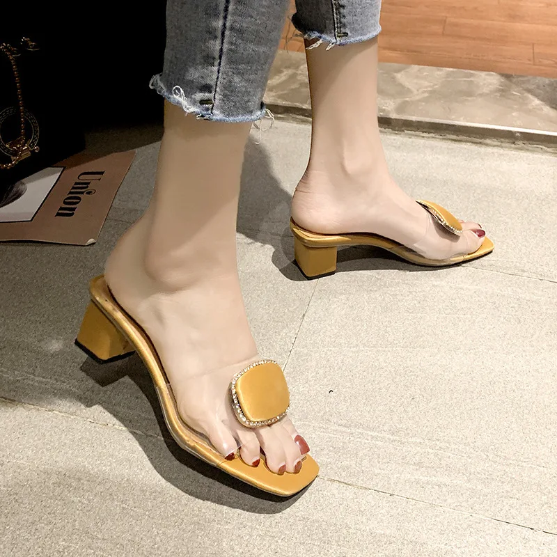 

2019 Summer New Style Cool GIRL'S Sandals Fashion Western Style Solid Color Semi-high Heeled Single-strap Slipper Chunky-Heel Pe