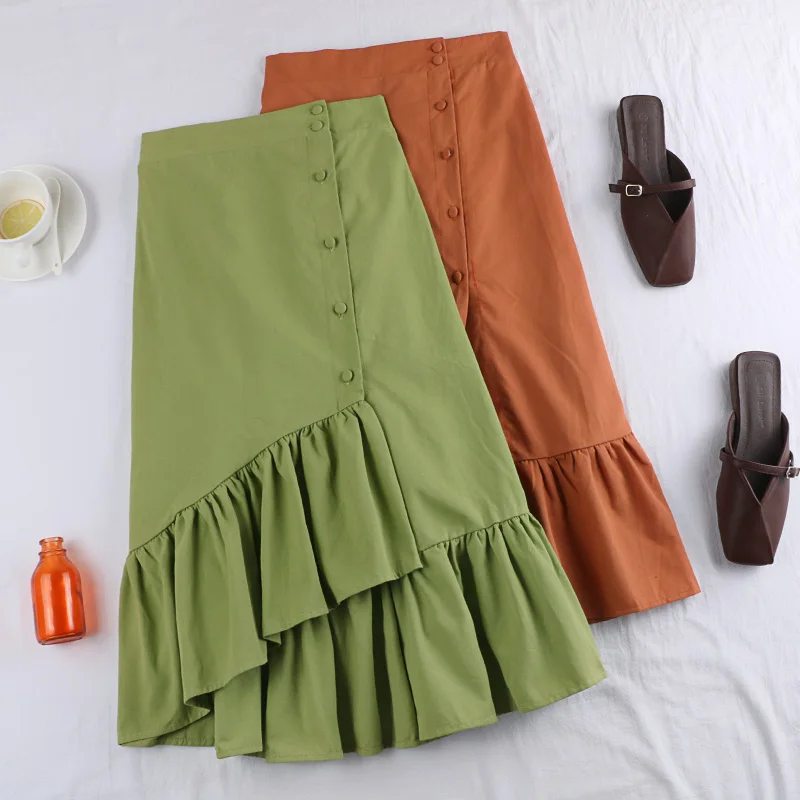 

vintage single breasted ruffle asymmetrical midi skirt for women green white black orange yellow womens skirts saia saias faldas