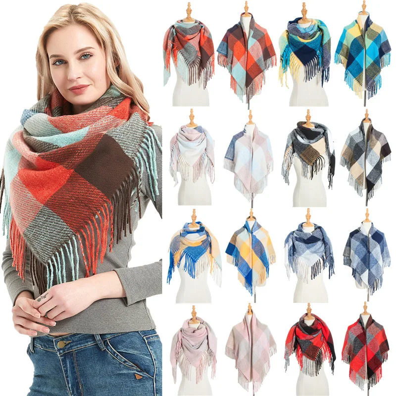 

HanXi Warm Cashmere Scarf Winter Women Men New 100% Polyester Big Plaid Square Scarves Unisex Neck Bandana Pashmina Lady Wrap