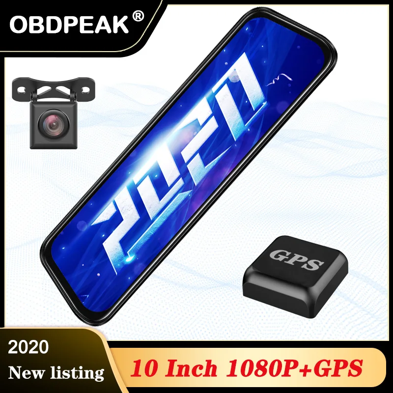 OBDPEAK 10-дюймовая шпилька для Сенсорный экран 1080P Видеорегистраторы для автомобилей потоковый медиа-тире Камера Двойной объектив видео Регистраторы Зеркало заднего вида 1080p резервного копирования Камера