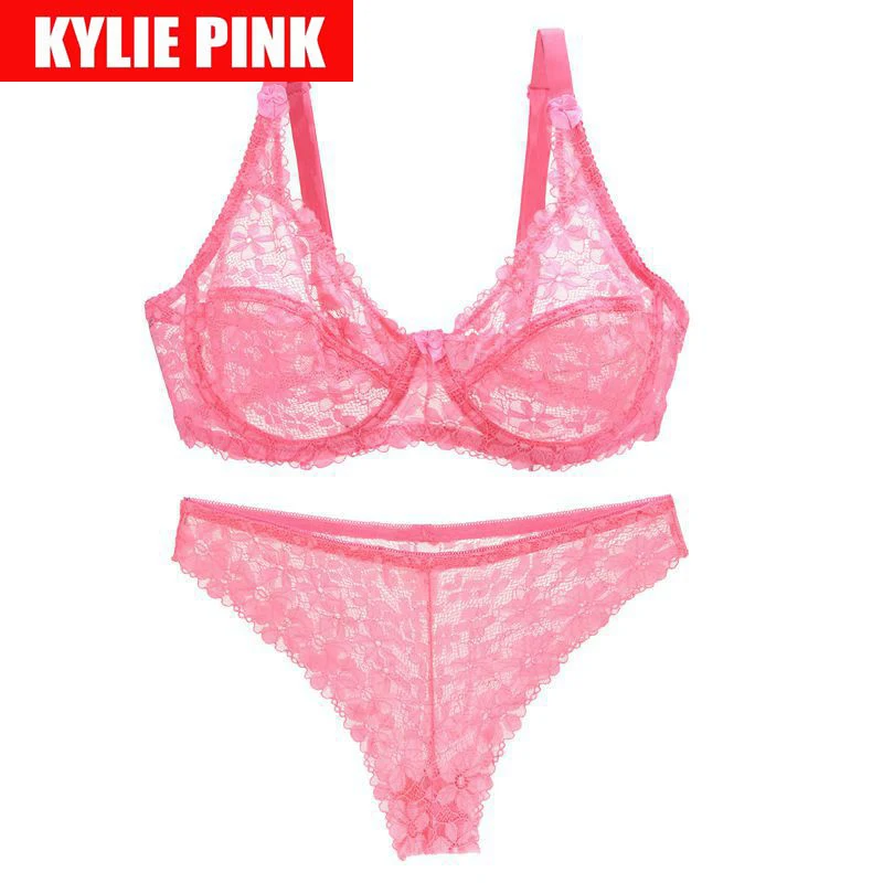 KYLIE, розовый прозрачный сетчатый бюстгальтер и трусики, набор, большой размер, сексуальный кружевной бюстгальтер для молодых девушек, комплект нижнего белья для девушек - Цвет: Розовый