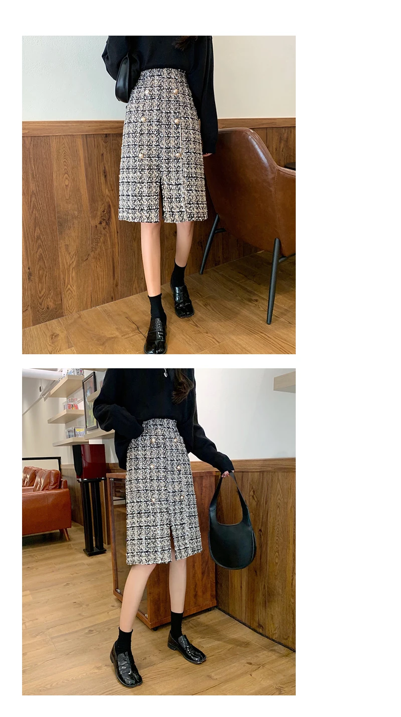 Heydress, клетчатая Женская Осенняя длинная юбка-карандаш на пуговицах, зимние шерстяные юбки, Корейская облегающая элегантная твидовая юбка с высокой талией
