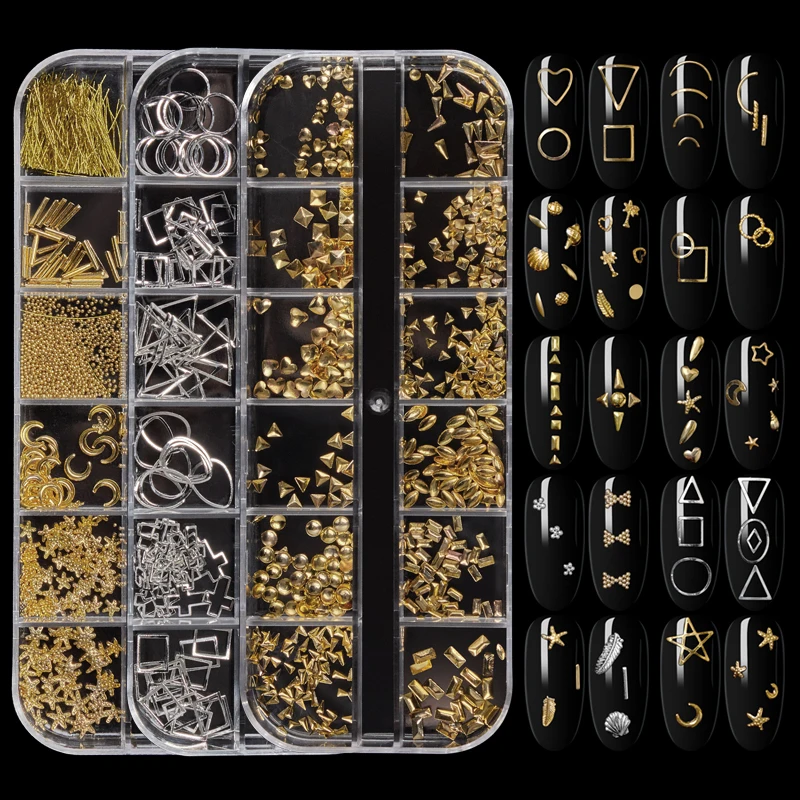 3D Nail Art Decorations 1 Case Gold Silver Hollow Mix Metal Frame Rivets Shiny Charm Strass Manicure Accessories Studs | Красота и