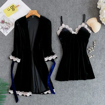 

2PCS Robe Set Women Kimono Gown Black Lace Velvet Bride Wedding Robe With Belt Casual Lounge Nightgown Velour Warm Sleepwear