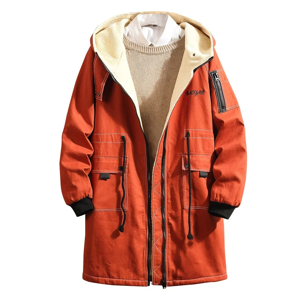 Мужская зимняя куртка средней длины в стиле пэчворк, утолщенная толстовка с капюшоном, хлопковая стеганая куртка, пальто, зимняя красивая модная Рабочая одежда - Цвет: Оранжевый