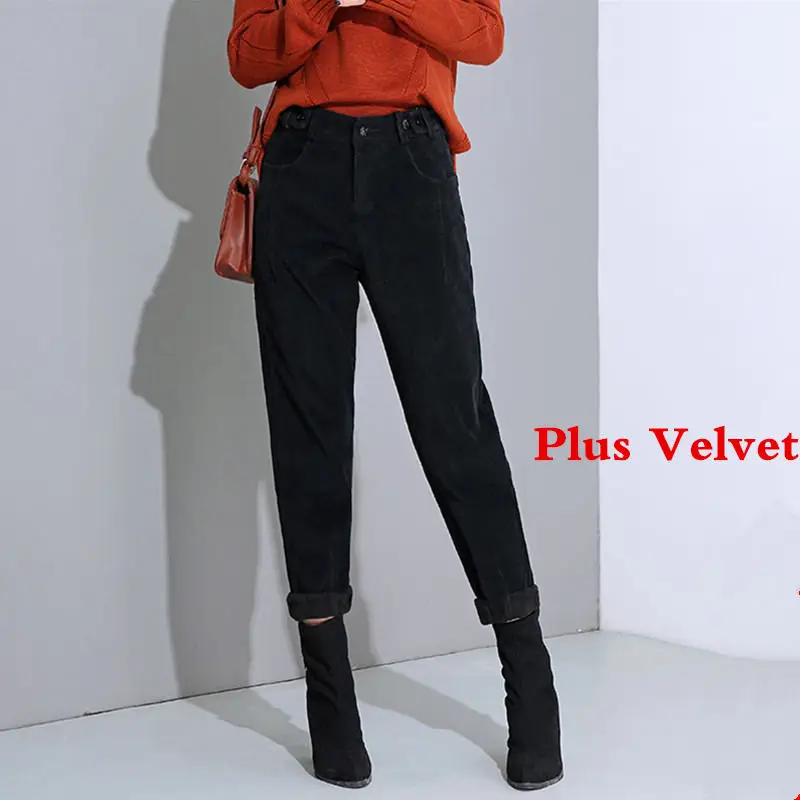Осенне-зимние вельветовые штаны-шаровары с высокой талией, женские свободные черные брюки больших размеров, женские длинные бархатные брюки C5803 - Цвет: black plus velvet