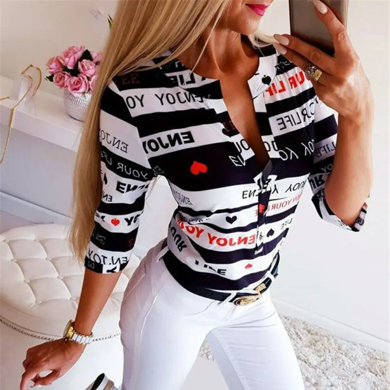 

New Plus Size Women's Summer Heart&Letters Printed Blouse Lady Fashion V-Neck Button Half Sleeve Shirt