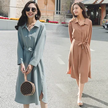 

L Photo Shoot INS Shirt Dress Children Autumn 2020 New Style Mid-length Elegant Waist Hugging Slimming Normcore Style Dress