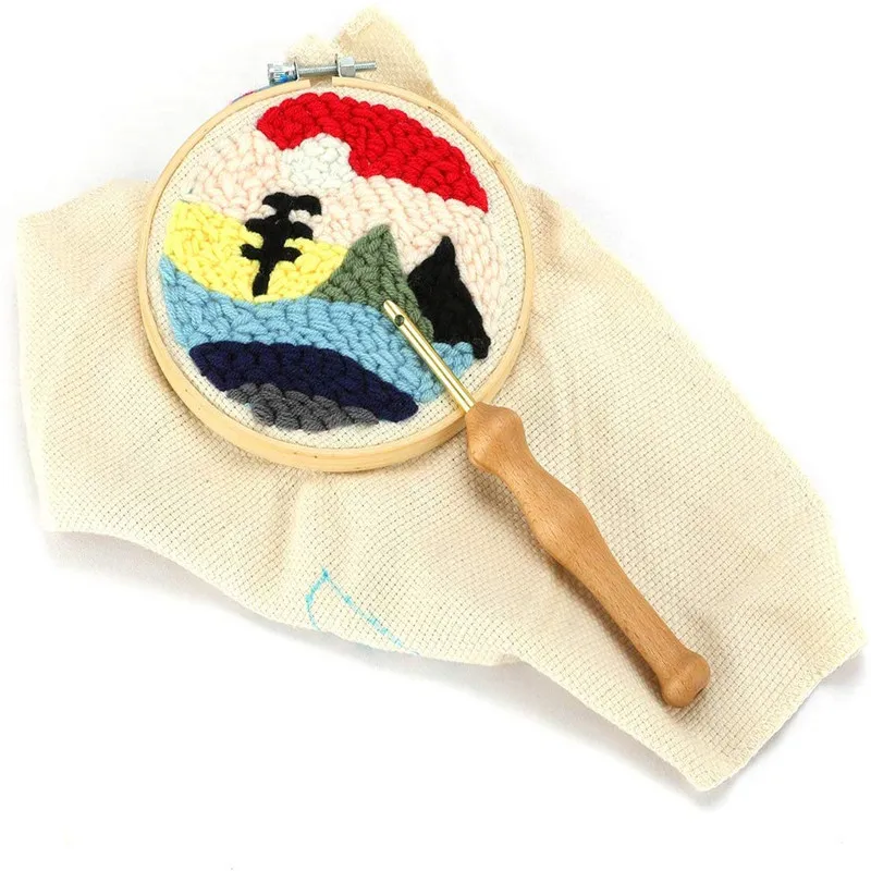 Wooden Magic Embroidery Pen Punch Needle Felting Threader Set Needlework Kit with Embroidery Hoop Fabric Cloth Set For Women (7)