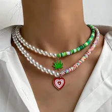 

Bohemia Candy Color Polymer Clay Pearls Beaded Heart Necklace for Women Asymmetric Beads Maple Leaf Choker Necklace Jewelry Gift