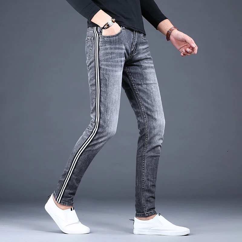 Men Side Stripe Jeans 2020 Summer Fashion Stretch Denim Slim Fit Pencil Pants Korean Style Gray Black Jean Trousers