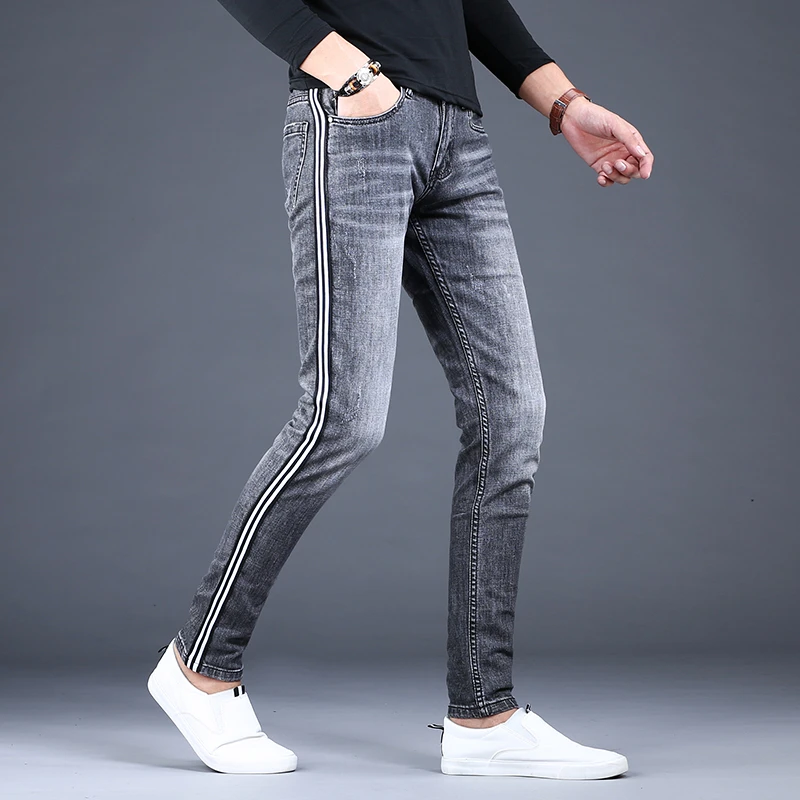Mannen Side Streep Jeans Mode Stretch Denim Slim Fit Potlood Broek  Koreaanse Stijl Grijs Zwarte Broek|Spijkerbroek| - AliExpress