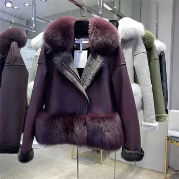 

qualit Superior Women's Winter Jacket Celebrity Brand Real Suede Leather Fur Coat Thick Warm Real Fox Fur Collar Lamb Fur Coats
