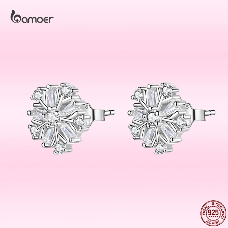 

Bamoer New Real 925 Sterling Silver Snowflake Stud Earrings for Women Exquisite Clear CZ Earrings Elegant Wedding Jewelry Gift