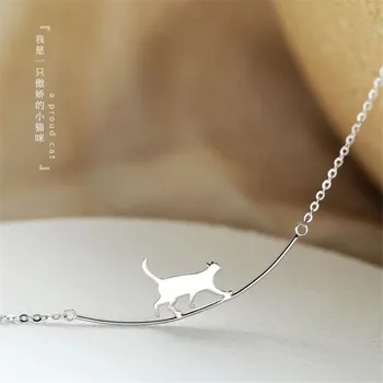 New Fashion Cat Curved Simple Personality 925 Sterling Silver Jewelry Cute Animal Walking Cat Clavicle Chain Necklaces H90