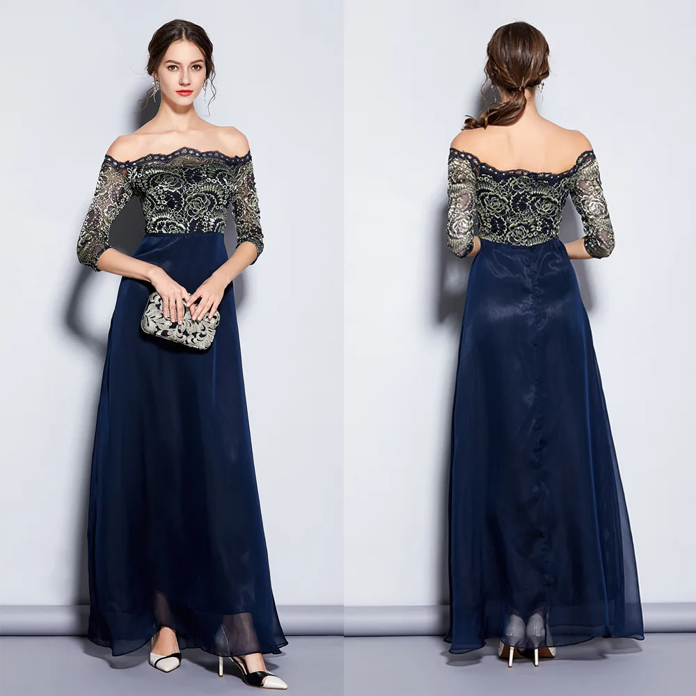

Late Formal Dress New Style off-Shoulder Half-sleeve Shirt Lace Chiffon Long Dinner Formal Dress Women's