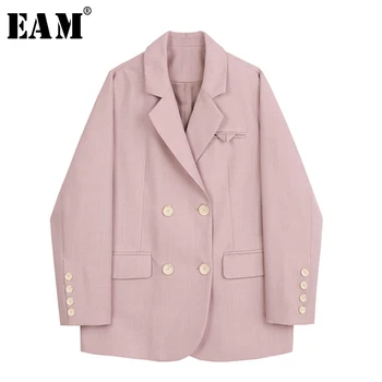 

[EAM] Women Double Breasted Big Size Blazer New Lapel Long Sleeve Loose Fit Jacket Fashion Tide Spring Autumn 2020 1Z119