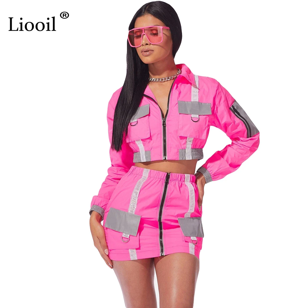

Liooil Reflective Outfits Neon Green 2 Piece Set Women Zip Up Pocket Tracksuits Fall 2019 Long Sleeve Top High Waist Mini Skirts