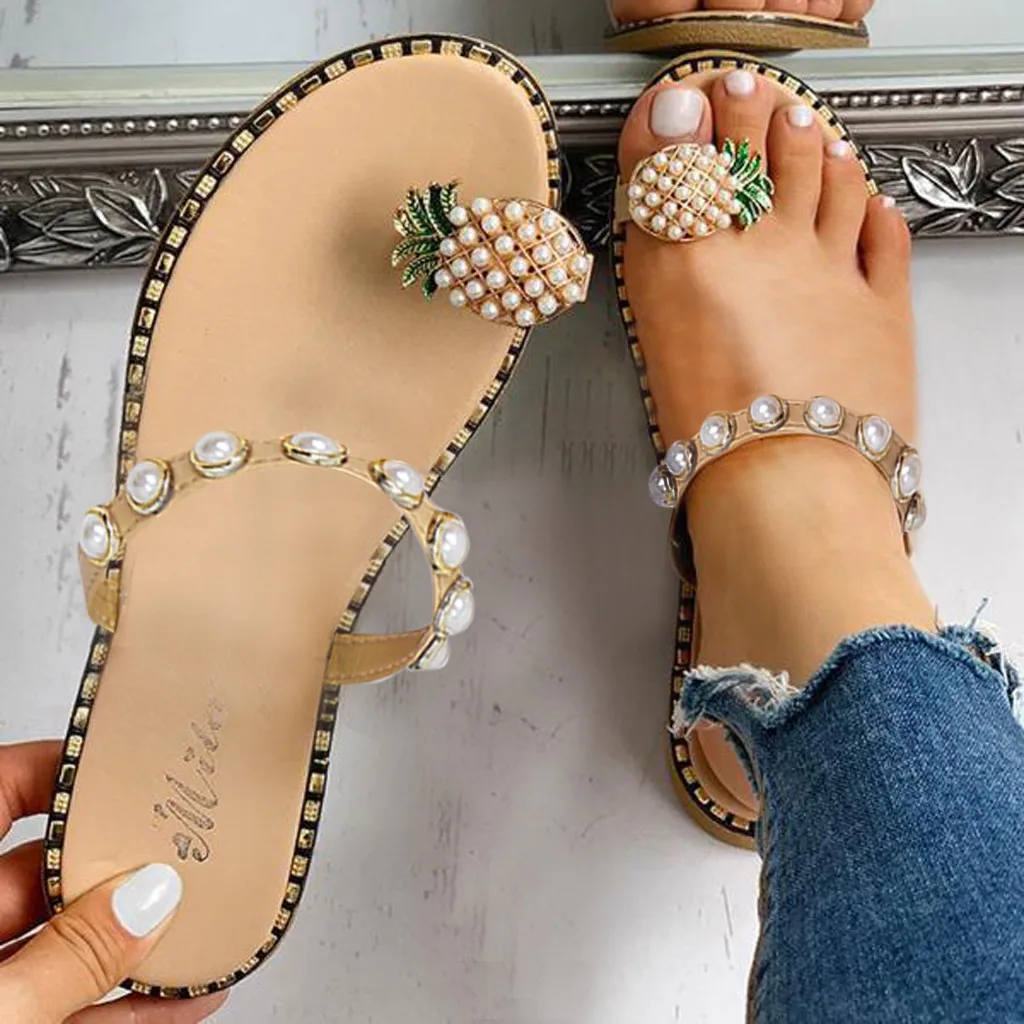 Тапочки для женщин и девушек; обувь на плоской подошве с жемчужинами в богемном стиле; повседневные сандалии-шлепанцы; уличная летняя пляжная обувь; sandalia feminina