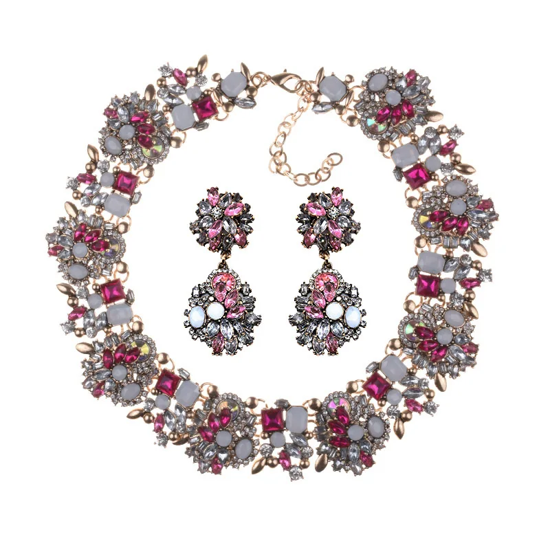 Luxury Crystal Rhinestone Necklace Earrings Jewelry Sets Women Large Collar Statement Choker Necklace Female Big Bib Necklaces