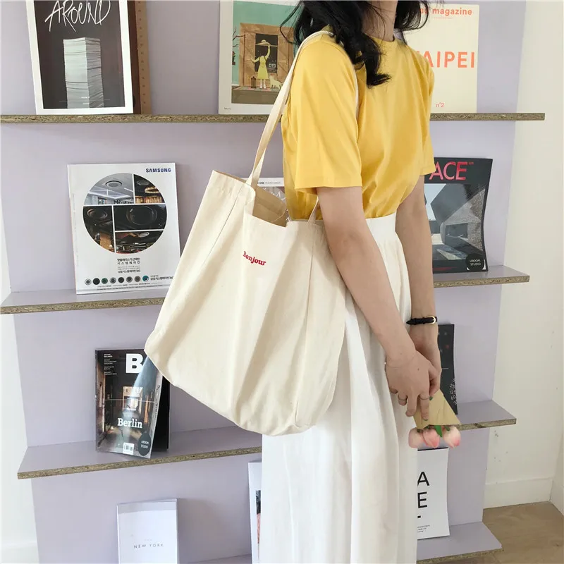 

Ougger Shoulder Bag Women's Letter "Bonjour" Printing Shopping Bag Reusable Eco Canvas Tote Bags Large Capacity School Handbag