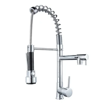 

Chrome Rotatable Kitchen Faucet Pull-out Sprayer Dual Holder Dual Hole Ceramic Plate Spool Mixer Tap Deck Mounted Sink Faucet