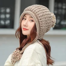 Утолщенная Лыжная зимняя шапка, Новая Модная вязаная зимняя женская шапка с помпонами, Милая женская теплая вязаная шапка Skullies