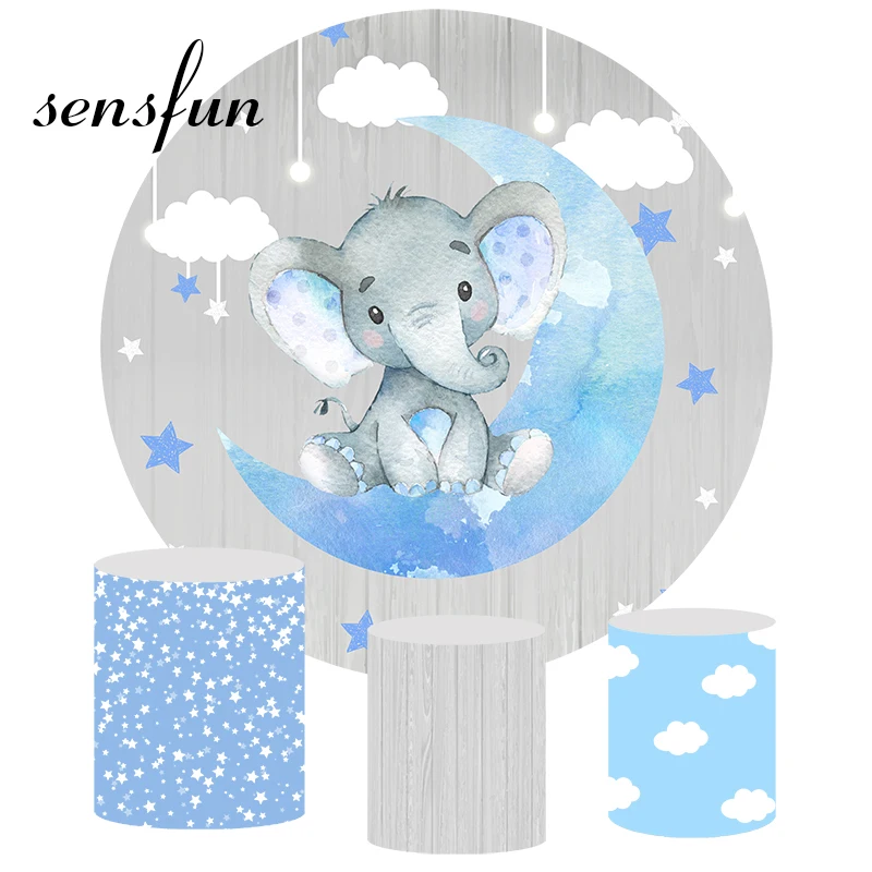 

Round Elephant Boys Baby Shower Newborn Backdrop Blue Moon Stars Clouds Grey Wood Birthday Party Circle Photography Backgrounds