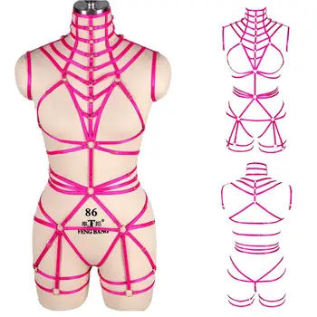 

Gothic Lingerie Harness Belt Set Body Bondage Top Strap Rose Red Garter Belts Adjust Sexy Pole Dance Rave Wear Cage Harness Bra