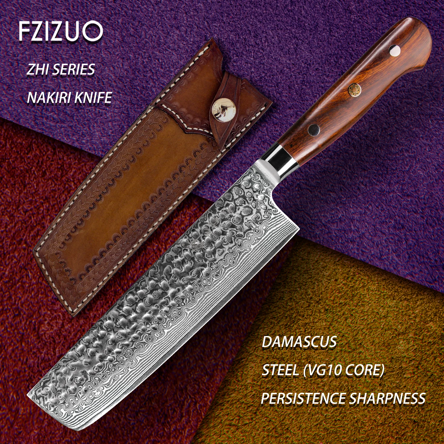 FZIZUO 6.9&quotFull Tang VG10 Damascus Steel Nakiri Knife Professional Kitchen Knives Cooking Desert Ironwood Wooden Handle | Дом и сад