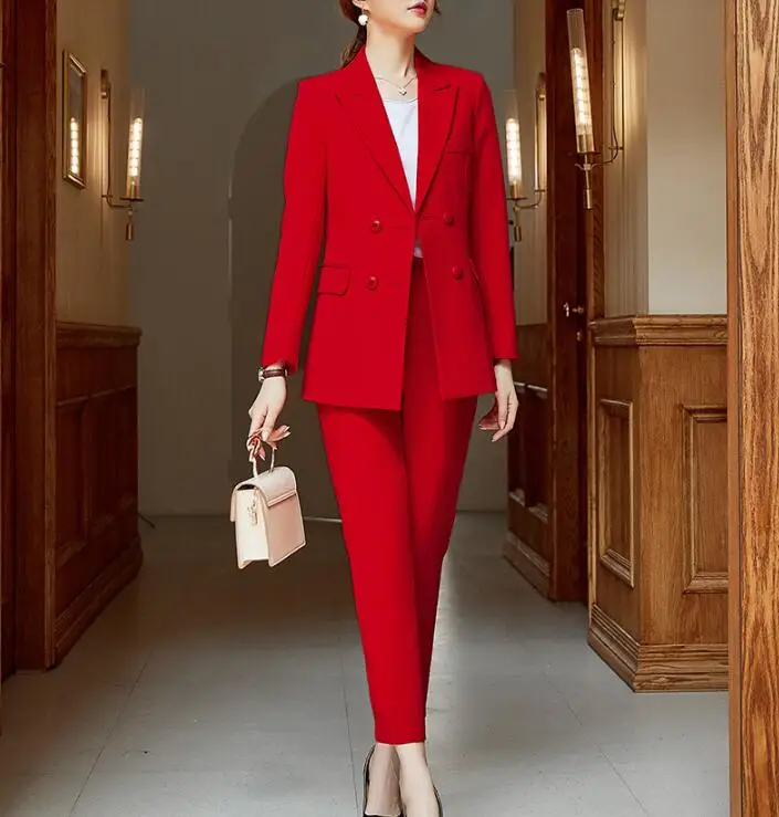 Брючный костюм для женщин Офисная Женская одежда деловой элегантный двубортный Блейзер комплект из двух предметов брючные костюмы плюс размер - Цвет: Красный
