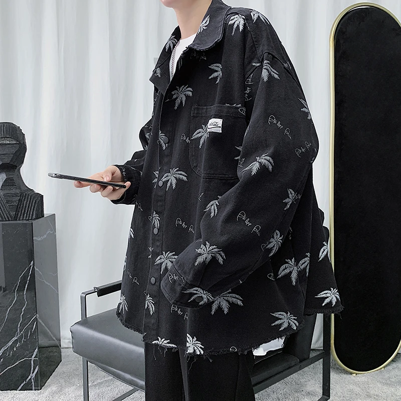 Great Value Leaf Denim Jacket Men's Fashion Printed Casual Denim Jackets Mens Streetwear Wild Loose Hip Hop Bomber Jacket Men Outwear