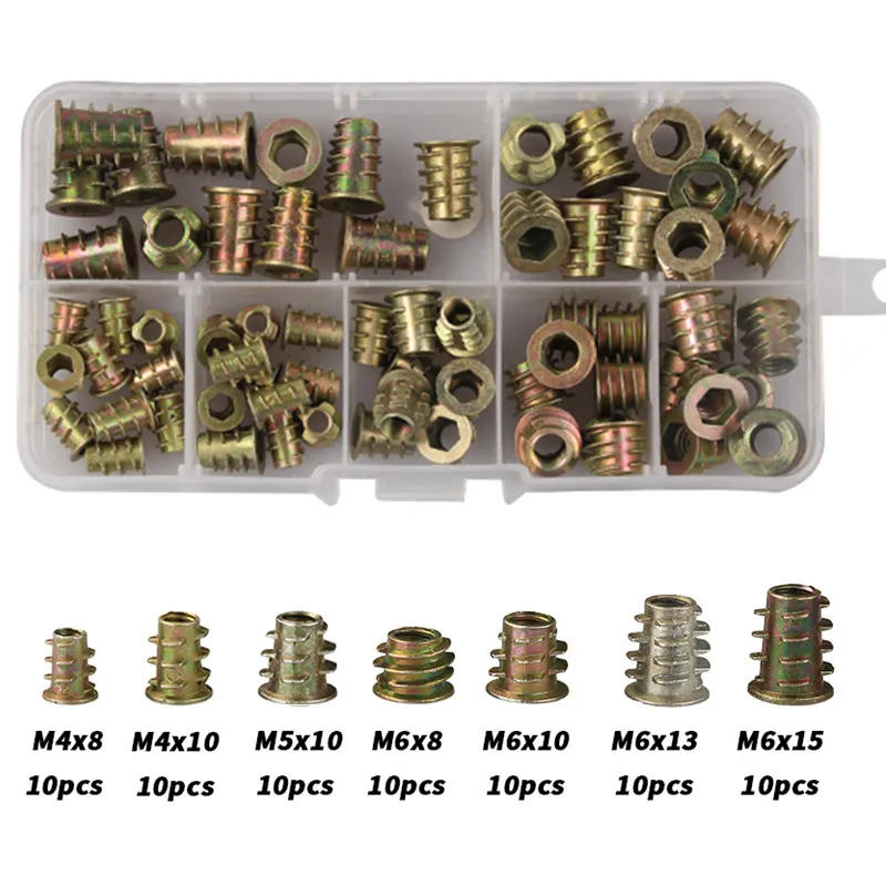 

70Pcs Zinc Alloy M4/M5/M6 Thread For Wood Insert Nut Flanged Hex Drive Head Furniture Nuts Assortment Kit