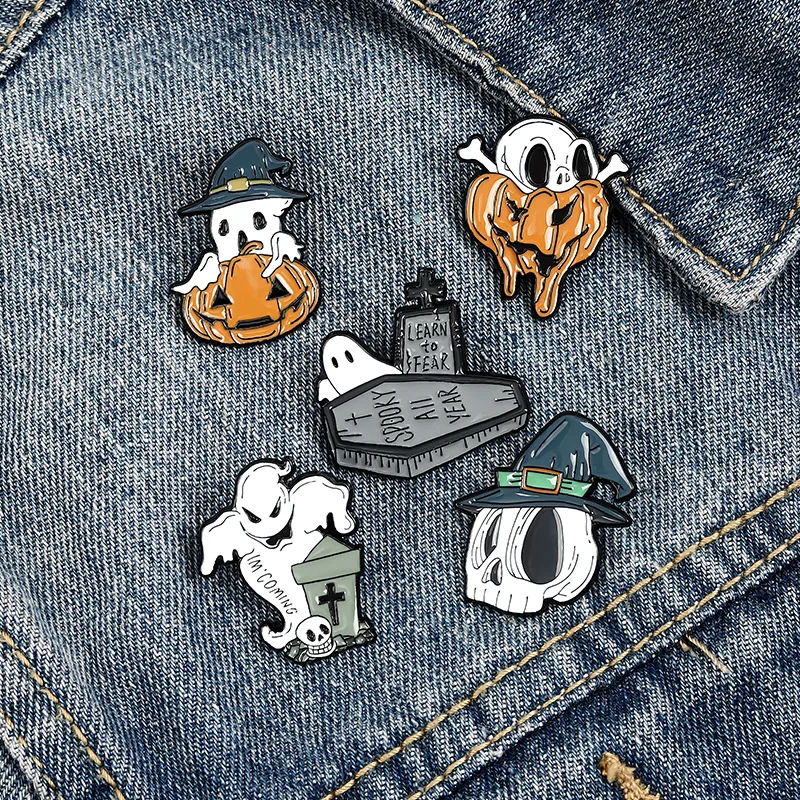 Эмалированная брошь в виде скелета черепа тыквы призрака гравировки гроба
